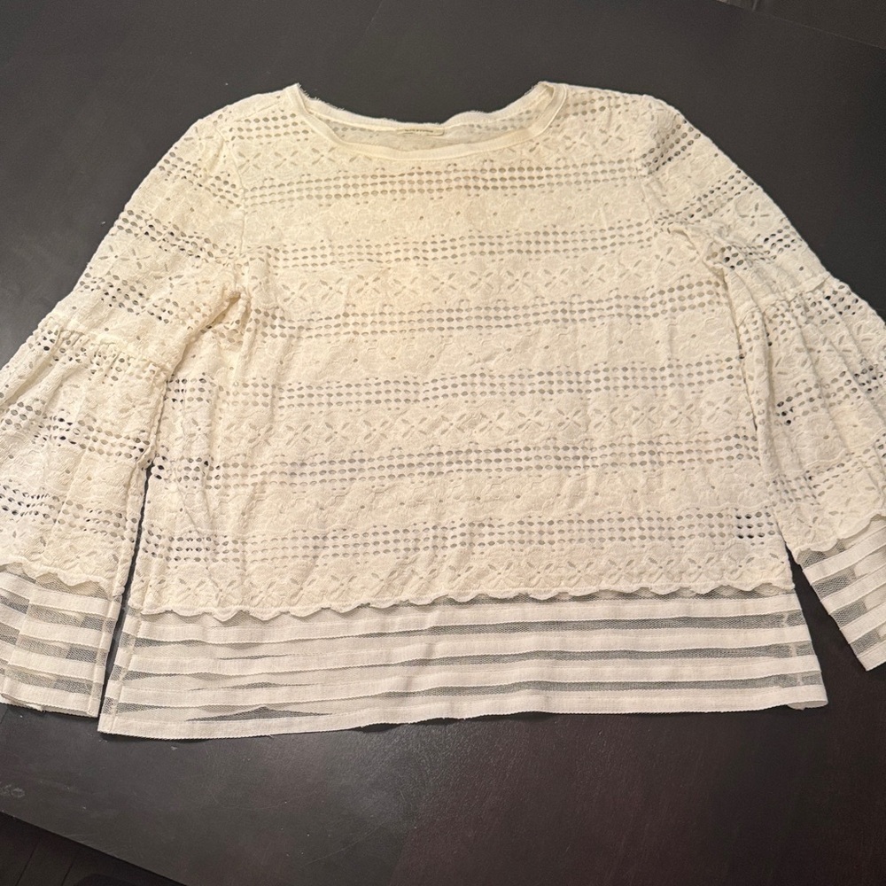 Max Studio Ivory Lace Blouse with Striped Hem
